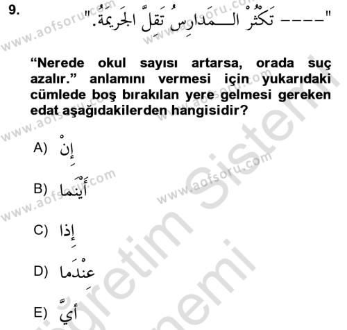 Arapça 3 Dersi 2021 - 2022 Yılı (Final) Dönem Sonu Sınavı 9. Soru