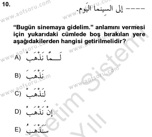 Arapça 3 Dersi 2021 - 2022 Yılı Yaz Okulu Sınavı 10. Soru