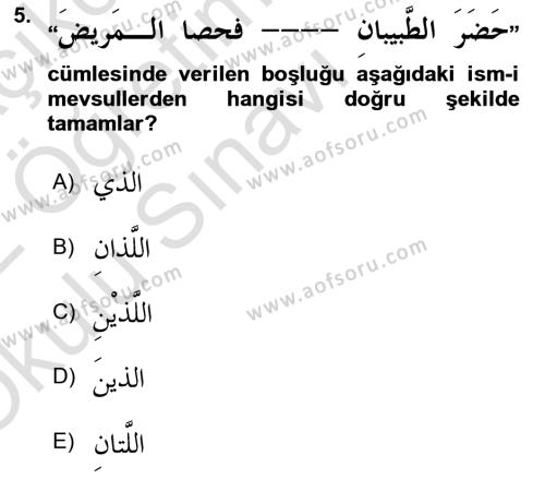 Arapça 3 Dersi 2021 - 2022 Yılı Yaz Okulu Sınavı 5. Soru