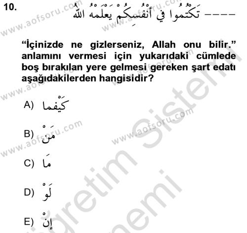 Arapça 3 Dersi 2022 - 2023 Yılı (Final) Dönem Sonu Sınavı 10. Soru