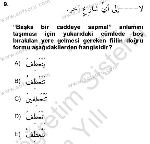 Arapça 3 Dersi 2022 - 2023 Yılı Yaz Okulu Sınavı 9. Soru