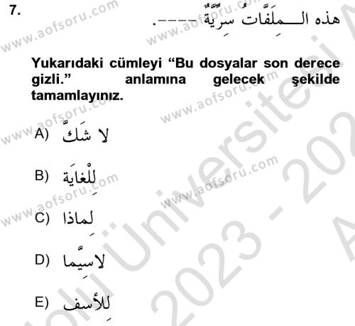 Arapça 3 Dersi 2023 - 2024 Yılı (Vize) Ara Sınavı 7. Soru