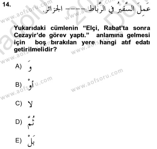 Arapça 3 Dersi 2023 - 2024 Yılı (Final) Dönem Sonu Sınavı 14. Soru