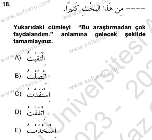 Arapça 3 Dersi 2023 - 2024 Yılı Yaz Okulu Sınavı 18. Soru