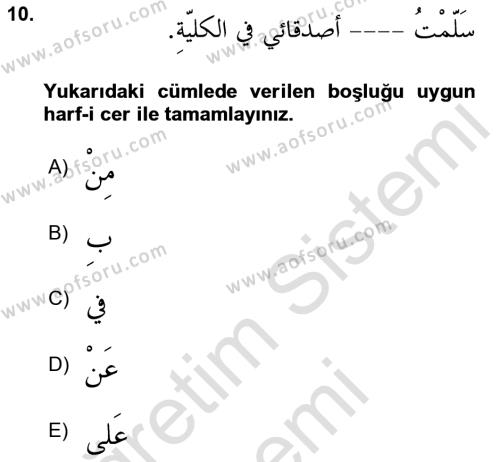Arapça 3 Dersi 2024 - 2025 Yılı (Vize) Ara Sınavı 10. Soru