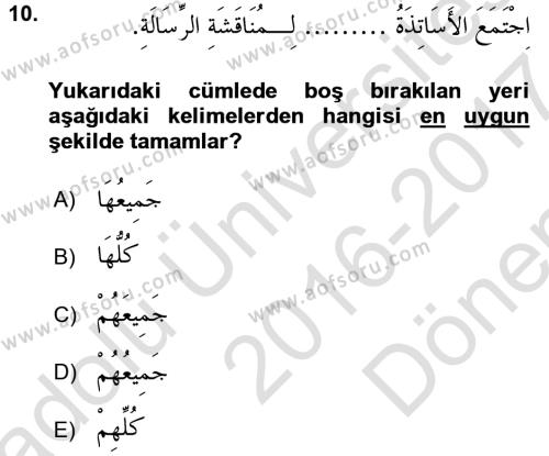 Arapça 4 Dersi 2016 - 2017 Yılı (Final) Dönem Sonu Sınavı 10. Soru