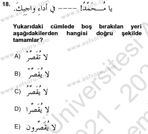 Arapça 4 Dersi 2021 - 2022 Yılı (Final) Dönem Sonu Sınavı 18. Soru