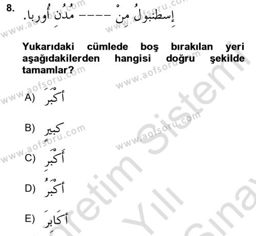Arapça 4 Dersi 2021 - 2022 Yılı (Final) Dönem Sonu Sınavı 8. Soru