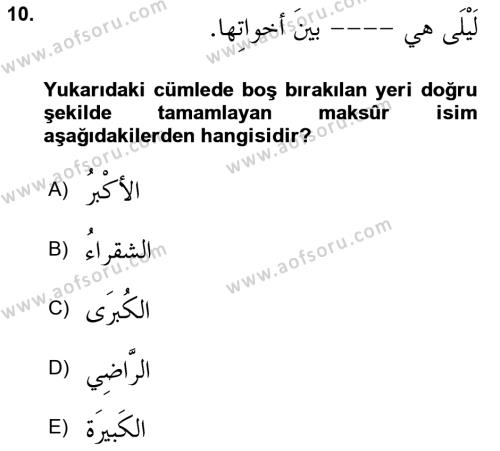 Arapça 4 Dersi 2021 - 2022 Yılı Yaz Okulu Sınavı 10. Soru