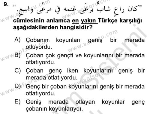 Arapça 4 Dersi 2022 - 2023 Yılı Yaz Okulu Sınavı 9. Soru