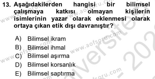 Sosyal Bilimlerde Araştırma Yöntemleri Dersi 2022 - 2023 Yılı (Final) Dönem Sonu Sınavı 13. Soru