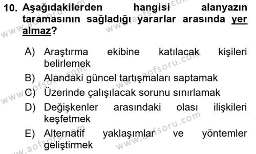 Sosyal Bilimlerde Araştırma Yöntemleri Dersi 2022 - 2023 Yılı Yaz Okulu Sınavı 10. Soru