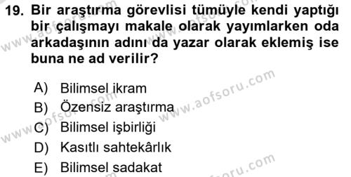 Sosyal Bilimlerde Araştırma Yöntemleri Dersi 2022 - 2023 Yılı Yaz Okulu Sınavı 19. Soru