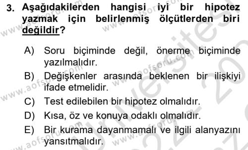 Sosyal Bilimlerde Araştırma Yöntemleri Dersi 2022 - 2023 Yılı Yaz Okulu Sınavı 3. Soru