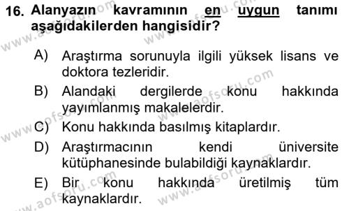 Sosyal Bilimlerde Araştırma Yöntemleri Dersi 2023 - 2024 Yılı (Vize) Ara Sınavı 16. Soru