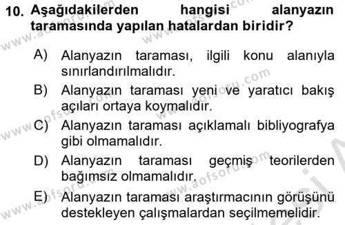 Sosyal Bilimlerde Araştırma Yöntemleri Dersi 2024 - 2025 Yılı (Vize) Ara Sınavı 10. Soru