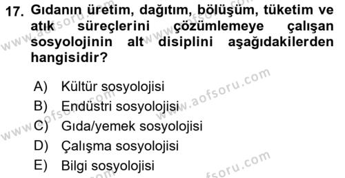 Yemek Sosyolojisi Dersi 2021 - 2022 Yılı (Vize) Ara Sınavı 17. Soru