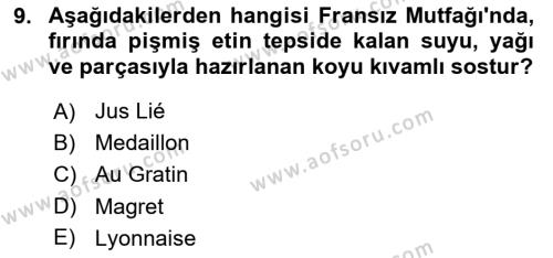 Dünya Mutfakları 1 Dersi 2022 - 2023 Yılı Yaz Okulu Sınavı 9. Soru