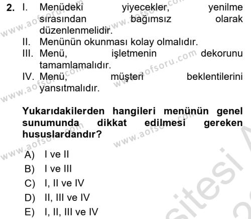 Menü Yönetimi Dersi 2021 - 2022 Yılı (Vize) Ara Sınavı 2. Soru