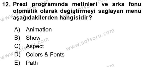 Temel Bilgi Teknolojileri 1 Dersi 2019 - 2020 Yılı (Vize) Ara Sınavı 12. Soru