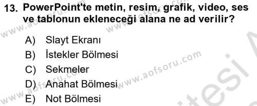 Temel Bilgi Teknolojileri 1 Dersi 2019 - 2020 Yılı (Vize) Ara Sınavı 13. Soru