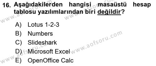 Temel Bilgi Teknolojileri 1 Dersi 2019 - 2020 Yılı (Vize) Ara Sınavı 16. Soru