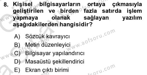 Temel Bilgi Teknolojileri 1 Dersi 2019 - 2020 Yılı (Vize) Ara Sınavı 8. Soru