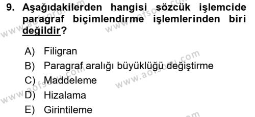 Temel Bilgi Teknolojileri 1 Dersi 2019 - 2020 Yılı (Vize) Ara Sınavı 9. Soru