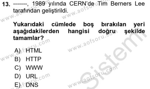 Temel Bilgi Teknolojileri 1 Dersi 2019 - 2020 Yılı (Final) Dönem Sonu Sınavı 13. Soru