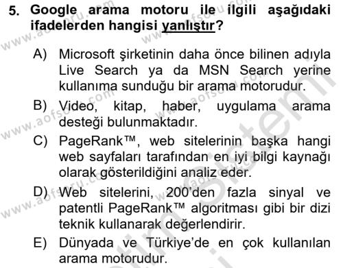 Temel Bilgi Teknolojileri 1 Dersi 2019 - 2020 Yılı (Final) Dönem Sonu Sınavı 5. Soru