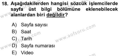 Temel Bilgi Teknolojileri 1 Dersi 2021 - 2022 Yılı (Vize) Ara Sınavı 18. Soru