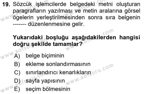 Temel Bilgi Teknolojileri 1 Dersi 2021 - 2022 Yılı (Vize) Ara Sınavı 19. Soru