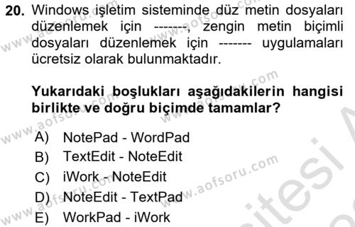 Temel Bilgi Teknolojileri 1 Dersi 2021 - 2022 Yılı (Vize) Ara Sınavı 20. Soru