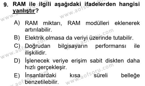 Temel Bilgi Teknolojileri 1 Dersi 2021 - 2022 Yılı (Vize) Ara Sınavı 9. Soru