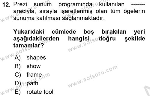 Temel Bilgi Teknolojileri 1 Dersi 2022 - 2023 Yılı (Vize) Ara Sınavı 12. Soru