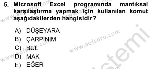 Temel Bilgi Teknolojileri 1 Dersi 2022 - 2023 Yılı (Vize) Ara Sınavı 5. Soru