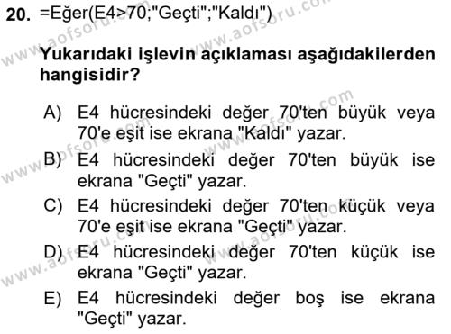 Temel Bilgi Teknolojileri 1 Dersi 2024 - 2025 Yılı (Vize) Ara Sınavı 20. Soru