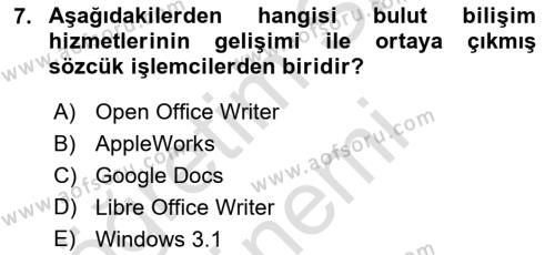 Temel Bilgi Teknolojileri 1 Dersi 2024 - 2025 Yılı (Vize) Ara Sınavı 7. Soru