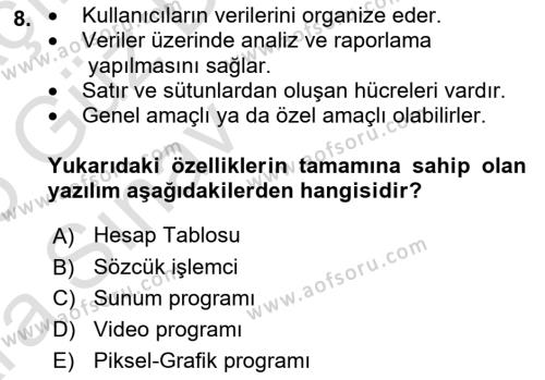 Temel Bilgi Teknolojileri 1 Dersi 2024 - 2025 Yılı (Vize) Ara Sınavı 8. Soru