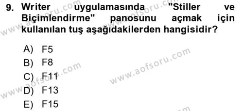 Temel Bilgi Teknolojileri 1 Dersi 2024 - 2025 Yılı (Vize) Ara Sınavı 9. Soru