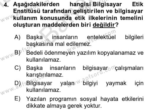 Temel Bilgi Teknolojileri 2 Dersi 2023 - 2024 Yılı (Final) Dönem Sonu Sınavı 4. Soru