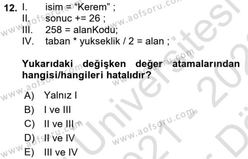 Programlama 1 Dersi 2021 - 2022 Yılı (Vize) Ara Sınavı 12. Soru