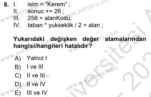 Programlama 1 Dersi 2022 - 2023 Yılı Yaz Okulu Sınavı 8. Soru