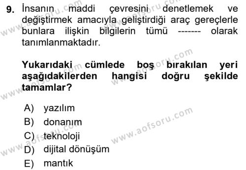 Dijital Dönüşüm Dersi 2023 - 2024 Yılı (Vize) Ara Sınavı 9. Soru