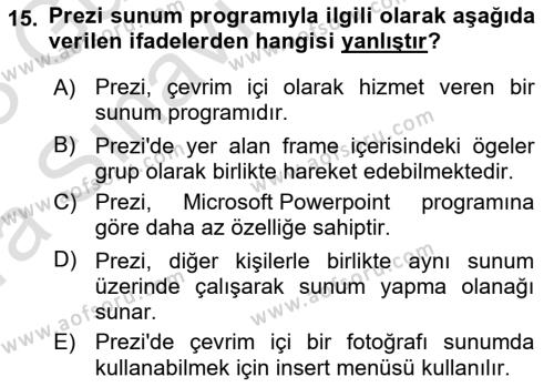 Temel Bilgi Teknolojileri Dersi 2022 - 2023 Yılı (Vize) Ara Sınavı 15. Soru