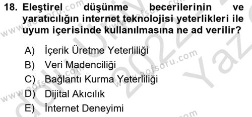 Temel Bilgi Teknolojileri Dersi 2022 - 2023 Yılı Yaz Okulu Sınavı 18. Soru