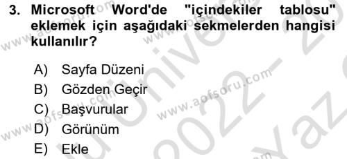 Temel Bilgi Teknolojileri Dersi 2022 - 2023 Yılı Yaz Okulu Sınavı 3. Soru