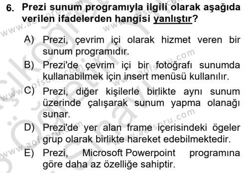 Temel Bilgi Teknolojileri Dersi 2022 - 2023 Yılı Yaz Okulu Sınavı 6. Soru