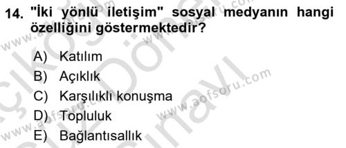 Temel Bilgi Teknolojileri Dersi 2023 - 2024 Yılı (Final) Dönem Sonu Sınavı 14. Soru