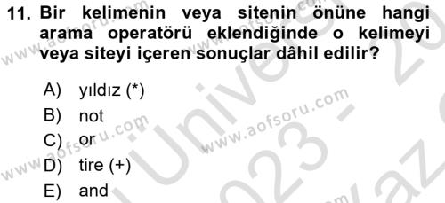 Temel Bilgi Teknolojileri Dersi 2023 - 2024 Yılı Yaz Okulu Sınavı 11. Soru